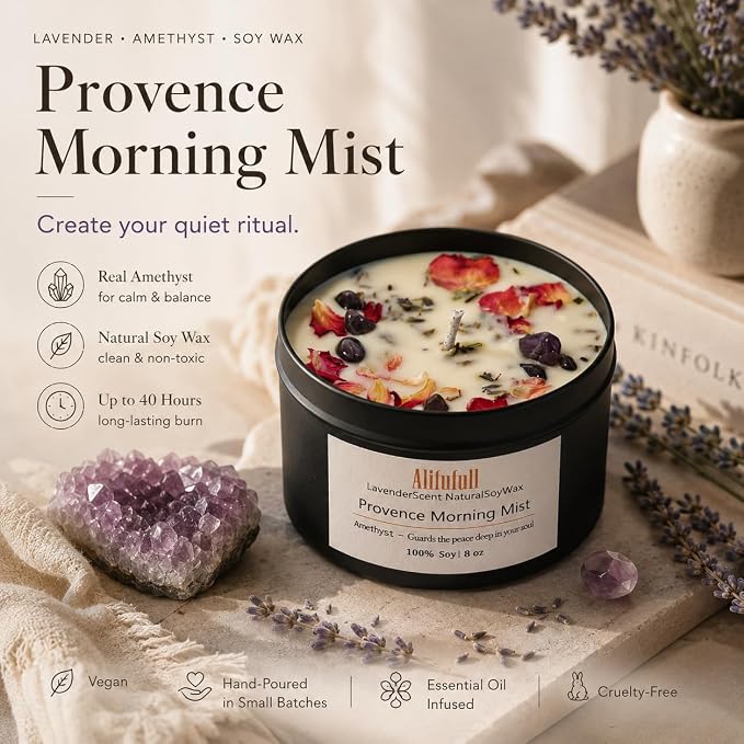 Lavender Crystal Infused Aromatherapy Candle, 8oz Matte Black Tin | Natural Soy Wax, Real Amethyst Crystals & Dried Lavender Flower Petals, Stress Relief & Sleep Aid, Home Scented