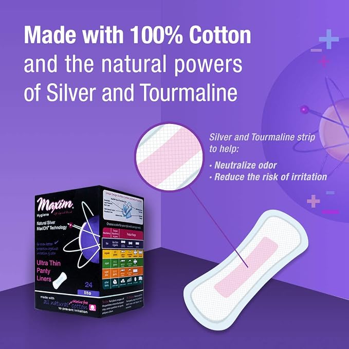 Maxim Cotton Panty Liners for Women, Natural Panty Liners, Ion Odor Control Pantie Liners, Chlorine Free, Chemical Free, Eco Friendly, 1 Pack of 24