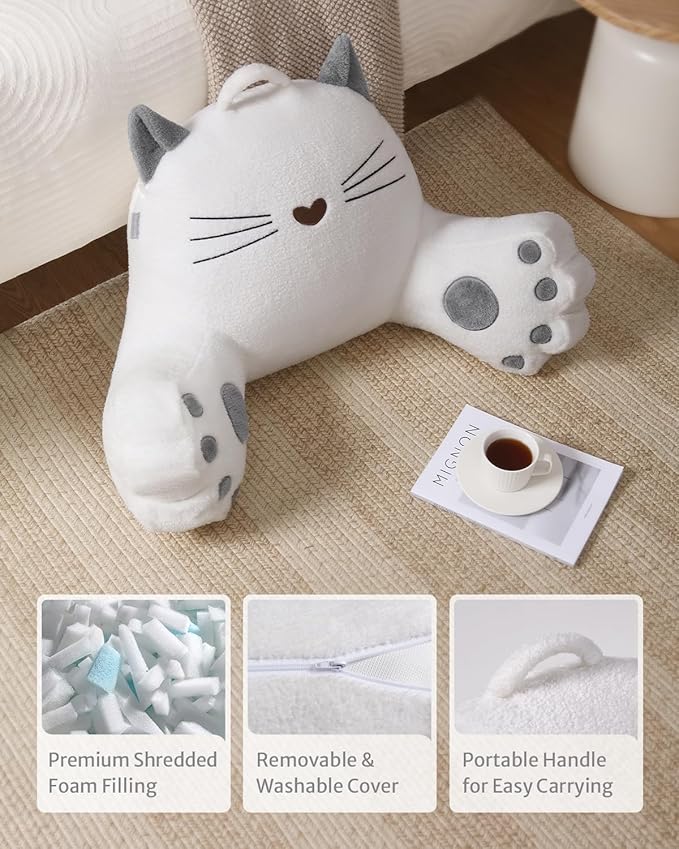 Blissful Diary Kitty Reading Pillow for Kids/Teens/Adults, Back Rest Pillow for Sitting Up in Bed with Shredded Memory Foam, Includes Arms and Washable Cover, Pure White