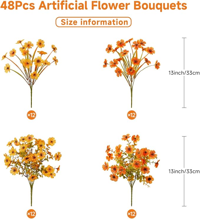 Alupssuc 48 Bundles Artificial Fall Flowers, UV Resistant Faux Mums Porch | Silk & Plastic, 13 Inch Tall, for Indoor Outdoor Planters Yard Patio Window Box, Autumn Outside Realistic Fake Decoration