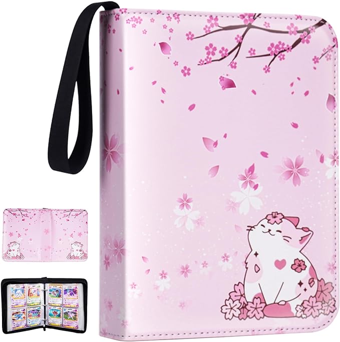CLOKORIA Card Binder for Girls Gifts,440 Cards Collectible Trading Card Holder Case with 55 Sleeves, 4 Pocket for TCG Game Cards Collection Sports Trading Cards Collector Album (Sakura cat)