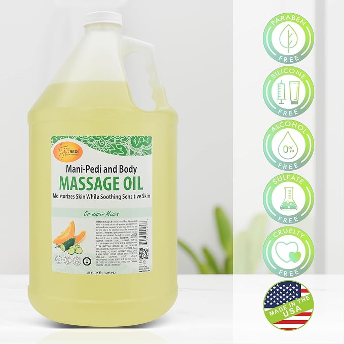 SPA REDI Botanical Massage Oil – 5-Oil Blend for Professional & At-Home Body Massage | Cucumber & Melon, Almond, Avocado, Sunflower & Vitamin E | Cruelty-Free, Sulfate-Free, Silicone-Free | 128 oz