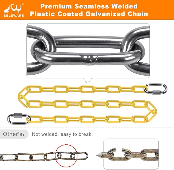 SELEWARE 2 Pack 40 Inch Hanging Swing Chain with 4 Carabiners, 1000LB Capacity Plastic Coated Hanging Chains, Hammock Hardware Kit for Swing, Hanging Chair, Punching Bags, Indoor Outdoor Gym (Yellow)
