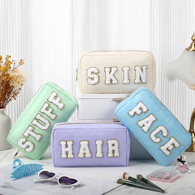 Preppy Makeup Bags Chenille Letter Stuff Bag Nylon Cosmetic Pouch Cases with Zipper for Women Travel Toiletry(Soft Pastel,Classic,4 Pcs)