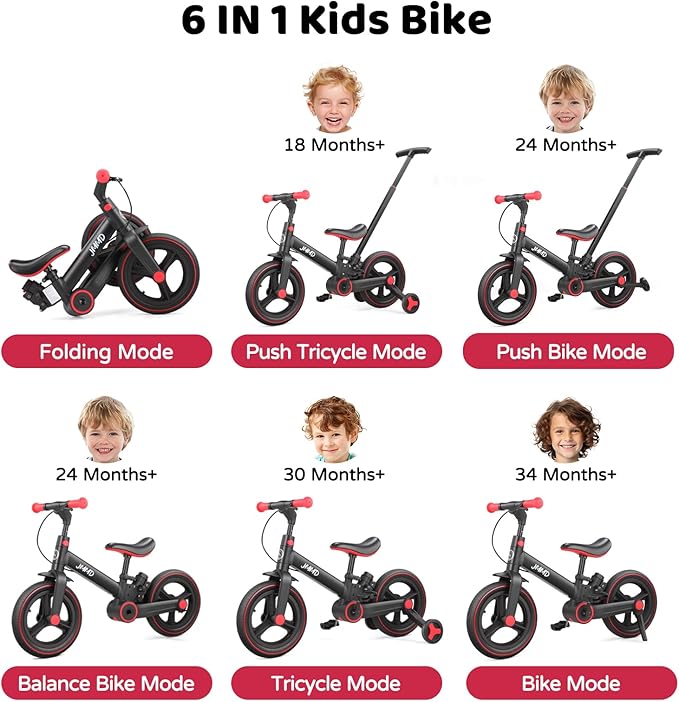 JMMD 6 in 1 Toddler Bike with Push Handle for Kids 18-60 Months, 12" Foldable Balance Bike with Training Wheels, Pedals, Brakes, Kickstand, Push Tricycle Toddler Gift & Toys for Boy & Girl