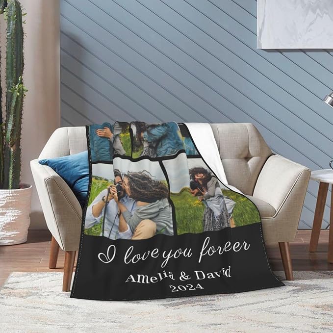 Custom Blanket with Picture Text, Personalized 5 Photo Blanket, HD Printing Customized Flannel Throw Blanket Gifts for Mom Dad Couple Girlfriend Boyfriend Wife Husband Christmas