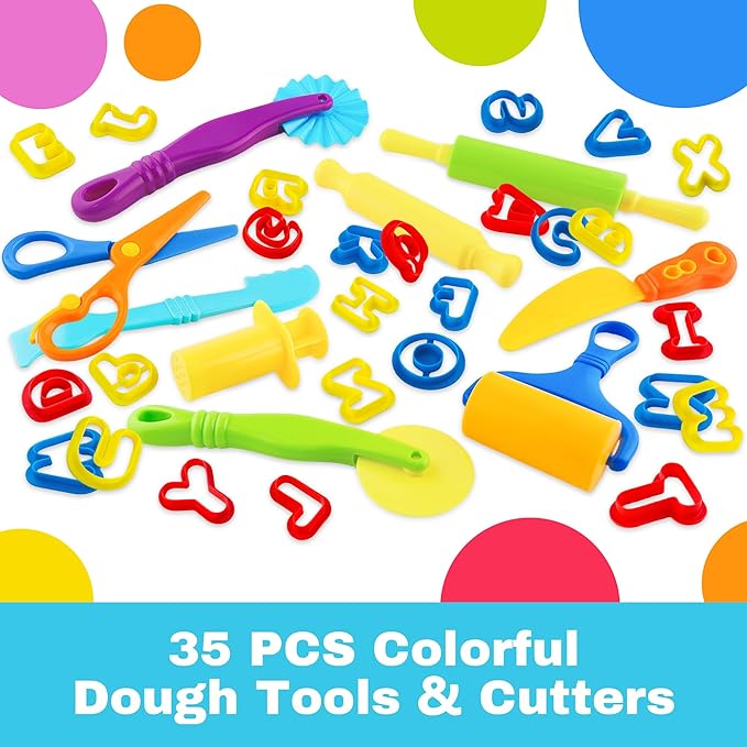 Dough Tools 35pcs Dough Tools Play for Kids Clay Accessories with Rolling Pins,Letter Cutters,Roller,Safety Scissors,Plastic Knife