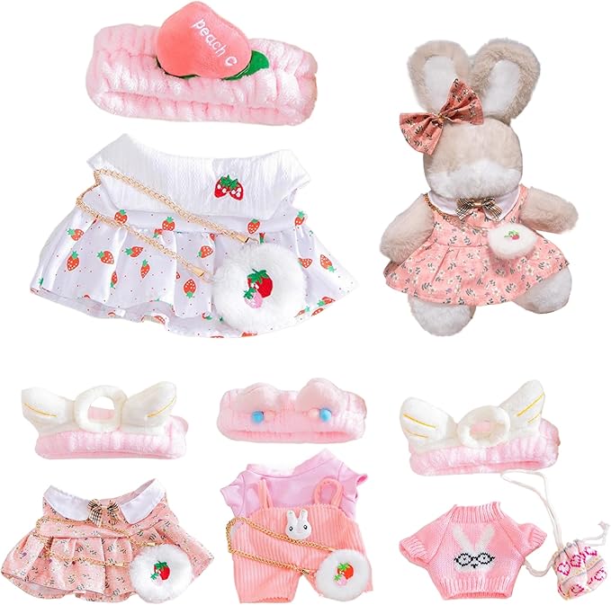 4 Set Clothes for Stuffed Animals Plush Stuffed Animal Clothes for Duck with Headbands, T-Shirts, Skirts and Bags DIY Animal Accessories for Kids to Improve Hands-On Skills