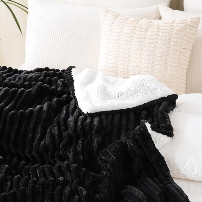 Black Sherpa Fleece Throw Blanket 60”×80” for Couch Sofa Bed | Double Side Soft Fuzzy Cozy Plush Thick Flannel Blanket with Striped Design Gift for Adults,Woman