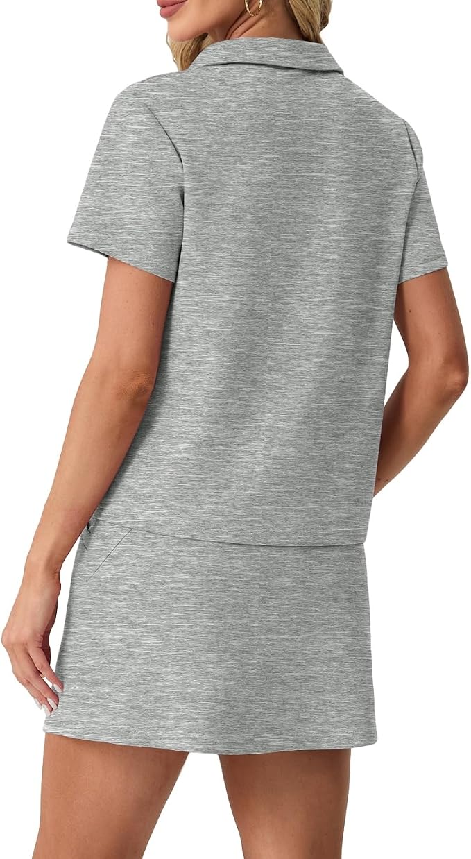 GRECERELLE Women's Summer 2 Piece Skort Set Half Zip Short Sleeve Top & Pocketed Tennis Skirt For Sports & Vacations.