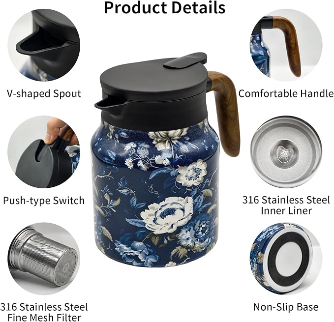 35 OZ Camellia Vintage Floral Tea Pot with Infuser, Large Capacity Insulated Stainless Steel Tea Kettle, 12 Hour Hot/Cold Retention, Tea-Water Separation Loose Leaf Tea Steeper for Hot Drinks