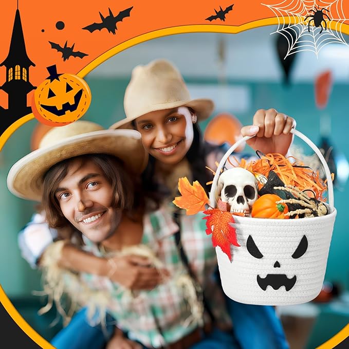 Halloween Basket with Handle Cute Bucket Cotton Rope Woven Candy Bag Pumpkin Witch Cat Pig Storage Basket for Halloween Party Favor(White,Ghost)