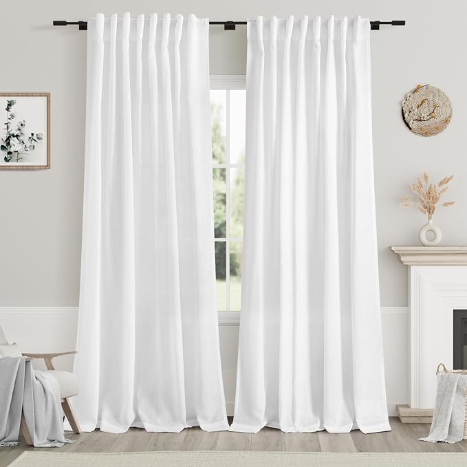 Nanspring White Linen Curtains 84 Inch Length 2 Panels Set for Living Room Back Tab Light Filtering Semi Sheer Curtain for Bedroom Farmhouse Drapes, 60x84 Inch, 2 Panels