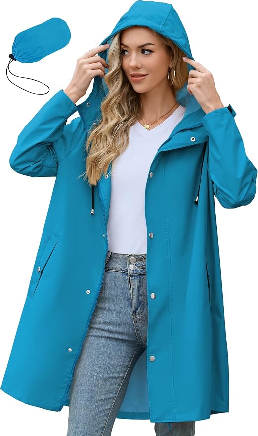 Zando Long Packable Rain Jacket Women Waterproof Raincoat with Hood | Relaxed-Fit Lightweight Windbreaker for Women; Travel Rain Coats for Commute, Hiking, Cruise, and Daily wear
