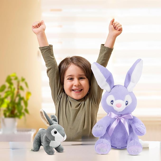 Dimple Bunny Set - Bella Animated Interactive Purple Bunny with Peek-a-Boo Feature and Singing Songs Plus Super-Soft Grey Baby Rabbit Plush - Perfect Baby Plush Toy Gift for Ages 0 and Up