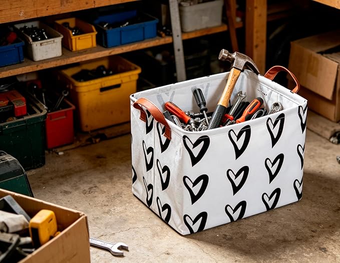 CLOCOR Heart Rectangular Storage Bin, Collapsible Waterproof Books Box with Handles, Gift Baskets (Black Hearts)