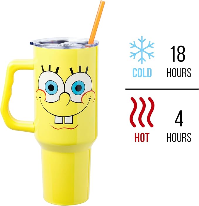 Silver Buffalo SpongeBob SquarePants Stainless Steel Tumbler with Handle, Fits in Standard Cup Holder, 40 Ounces (Pack of 12)