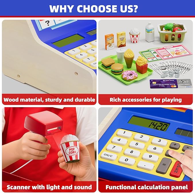 HYES Rechargeable Wooden Cash Register for Kids, Toy Cash Register with Play Money, Toy Food, Pretend Play Supermarket & Fast Food Restaurant, Toddler Learning Toys for Boy & Girl Age 3-5, Blue