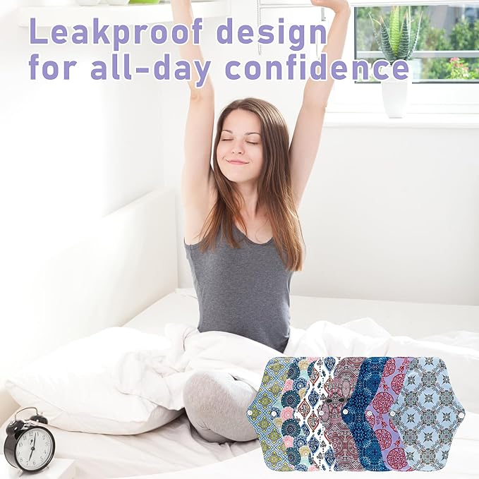 PHOGARY Reusable Menstrual Pads for Heavy Flow with Wet Bag, 7 Pieces Sanitary Pads Set with Wings for Women, Washable Overnight Cloth Panty Liners