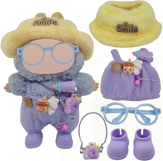 Doll Clothes Outfit and Accessories Suitable for 17cm Dolls, 5 Piece Set Romper Hat Camera Backpack Glasses Shoes (No Doll) Purple