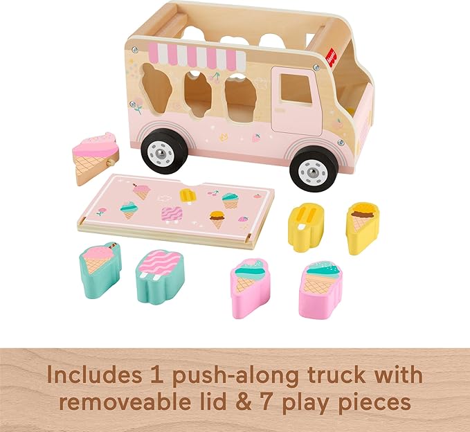 Fisher-Price Toddler Shape Sorting Playset Wooden Ice Cream Truck, 8 Wood Pieces for Developmental Play Ages 18+ Months (Amazon Exclusive)