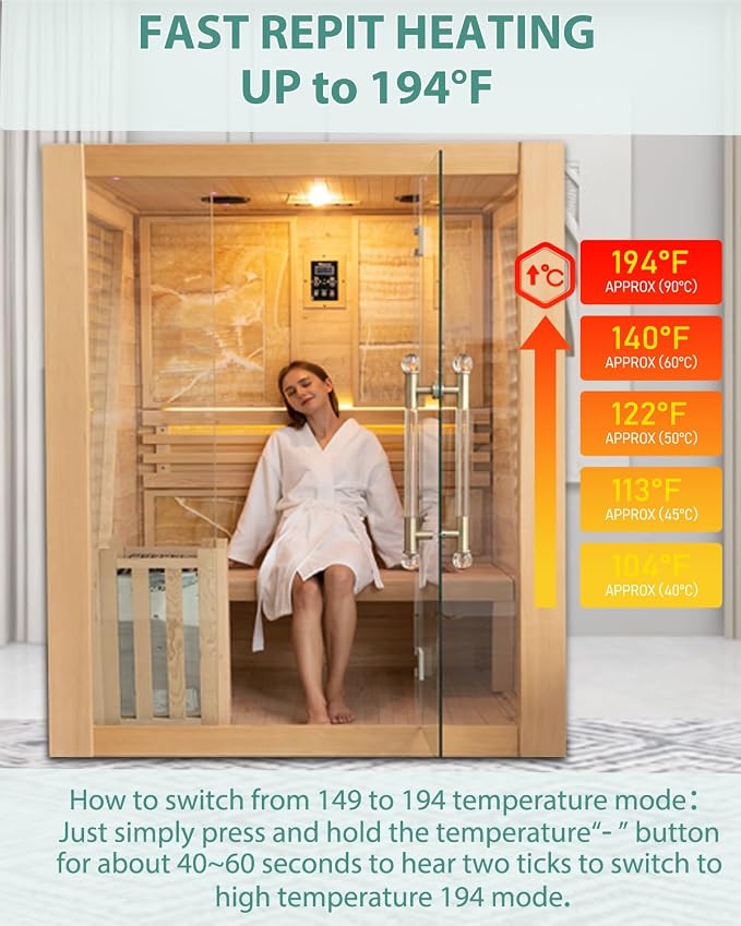 Smartmak Wood Home Steam Sauna, WiFi Control 3 Person Canadian Hemlock Traditional Luxurious Wooden Indoor Spa Room, with 4.5 kw Harvia Stove, Speaker, Rocks, Water Bucket, Spoon, Sky Lights