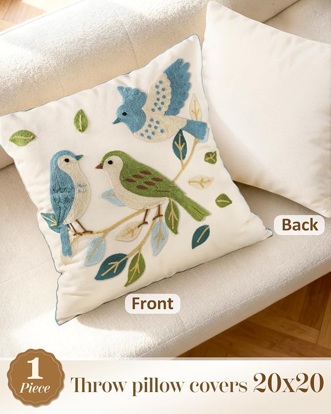 Animal Embroidered Throw Pillow Cover 20x20 Inch, Floral Birds | Decorative Pillow Cover, Cottagecore Cushion Cases with Hidden Zipper, Farmhouse Decor for Couch, Sofa, Living Room