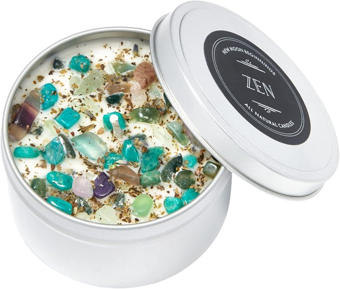 Zen Crystal Candle by NEW MOON BEGINNINGS - All Natural Aromatherapy Candle - 100% Soy Candle - Citrus, Cedarwood, Patchouli - Amazonite, Fluorite, Moss Agate - Meditation Candle - 8 oz. Tin with lid