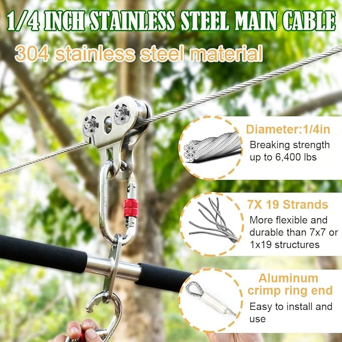 Zip Lines for Kids and Adults Outdoor Up to 500 Lbs, 304 Stainless Steel 180FT Zipline Kits for Backyard with Thickened 1/4" Wire Rope, Removable Pulley, Outdoor Playground Equipment