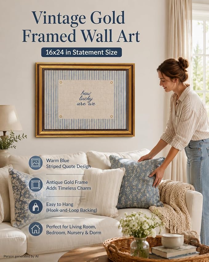 Vintage Gold Framed Wall Art, How Lucky Are We Quote Canvas, 16x24IN | Blue striped inspirational print with a rustic farmhouse look for bedrooms, living rooms, nurseries, dorms, or entryways.