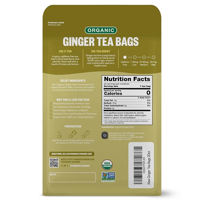 FGO Organic Ginger Tea, 100 Count, Eco-Conscious Tea Bags, Resealable Bag, Packaging May Vary (Pack of 1)