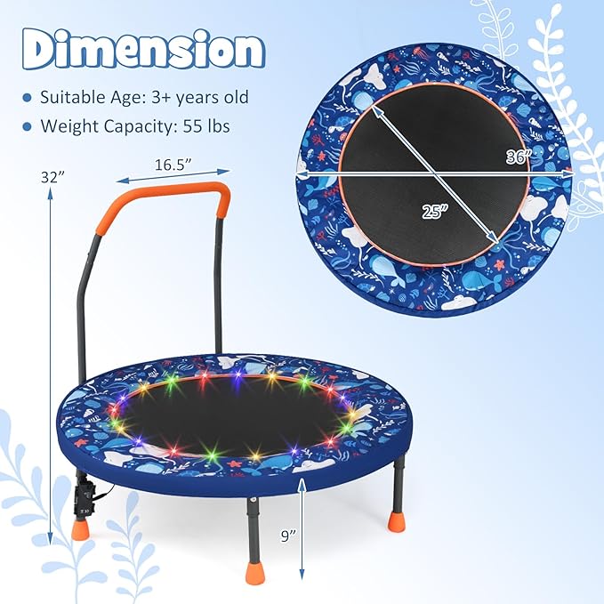 GYMAX 36” Toddler Trampoline with Lights, Folding Springless ASTM Approved Small Kids Rebounder with Foam Handle, Safety Padded Cover & Foldable Legs, Mini Indoor Baby Trampolines