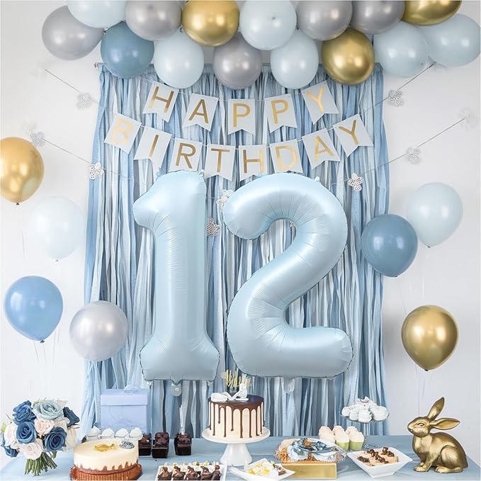 Foil 12 Balloon, Light Matte Sky Blue Big Number 12 Balloons for Boys Birthday Party Decor, 40 Inch Mylar Helium Number 12 Pastel Baby Blue Balloon for 12th Birthday Party Anniversary Decorations