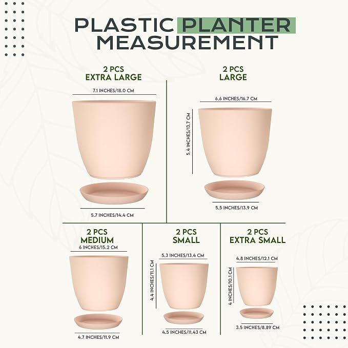 Plant Pots Indoor with Drainage, 10 Pack Multi-Size Planters Set, Pink | Drainage holes included Multiple sizes 7/6.6/6/5.3/4.8 In Indoor plants and flowers Durable plastic construction