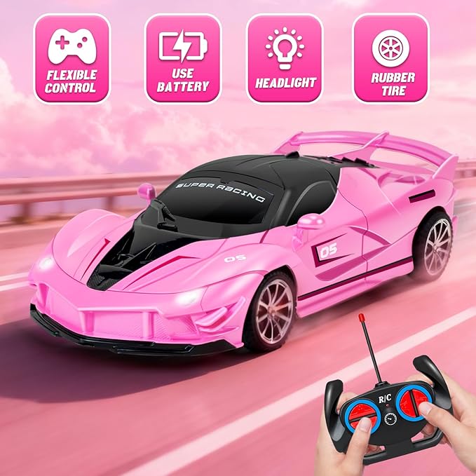 YongnKids Remote Control Car for Girls Kids, Pink RC Race Cars for Girls with Lights, Electric Power On Road Vehicle Toy Christmas Birthday Gift for Kids Age 3+