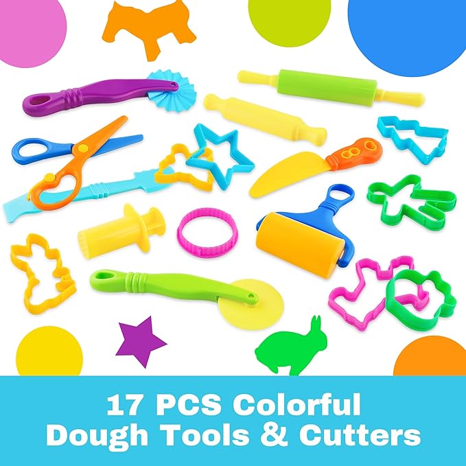 Dough Tools 17pcs Dough Tools Play for Kids Clay Accessories with Rolling Pins,Cutters,Roller,Safety Scissors,Plastic Knife
