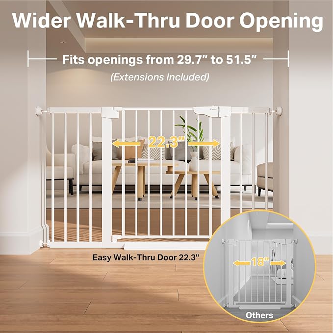 Cumbor Pack of 2 Extra Wide Baby Gate for Stairs, 29.7–51.5" Pressure Mounted Dog Gate for Doorways, Auto Close Safety Pet Gate, Easy Walk Thru Wide Child Gate, White, Mom's Choice Award Winner