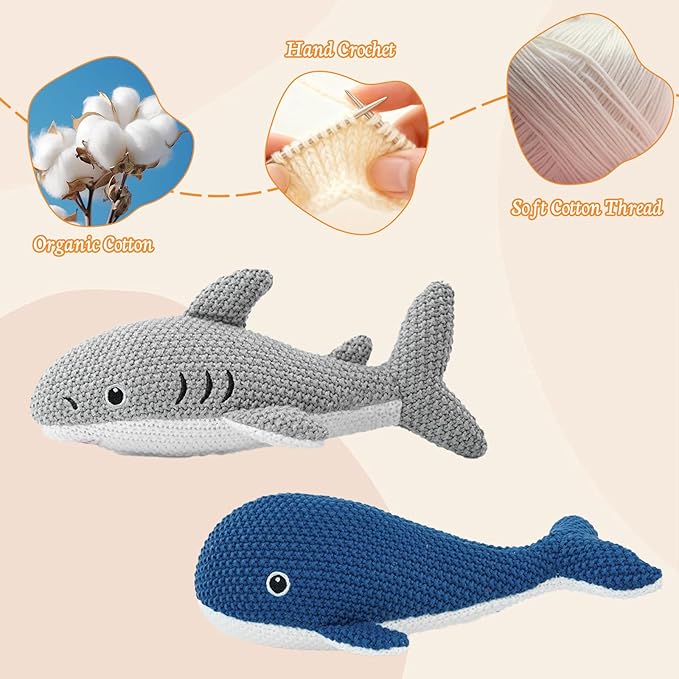 Crochet Stuffed Animals 2-Pack (Shark & Whale), 10 Inches Soft Cotton Ocean Plush Toys, Cute Hand-Crocheted Sea Plushies, Birthday for Boys Girls Kids & Adults