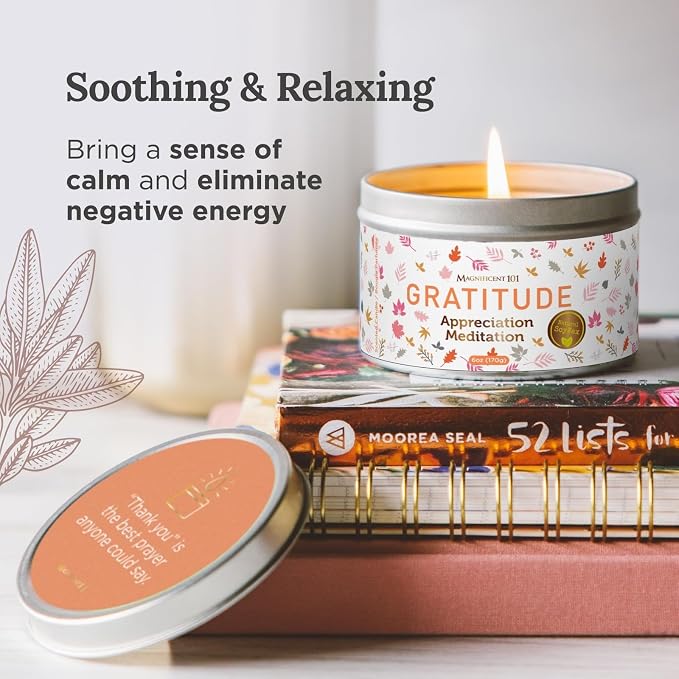 MAGNIFICENT 101 Gratitude Candle - 6 Oz Soy Wax - 35 Hour Burn Time & Paraffin Free - Sage Aromatherapy & Energy Cleansing - Meditation & Manifestation CandleCream White