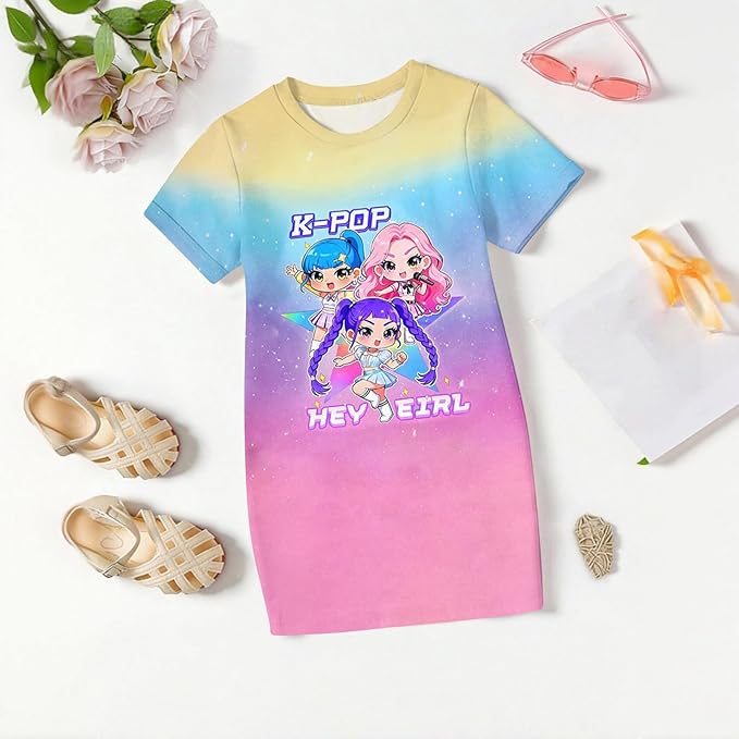 Girl's Anime K-POP Graphic Long Dress T-Shirt - Casual Loose Fit Short Sleeve Top