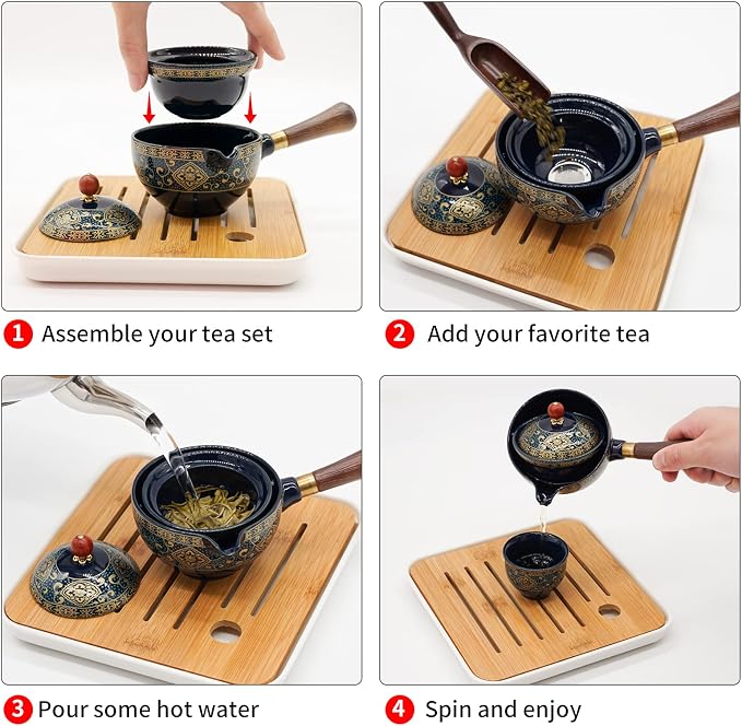 LURRIER Porcelain Chinese Gongfu Tea Set,Portable Teapot Set with 360 Rotation Tea maker and Infuser,Portable All in One Gift Bag for Travel,Home,Gifting,Outdoor and Office (Kitty Cat)