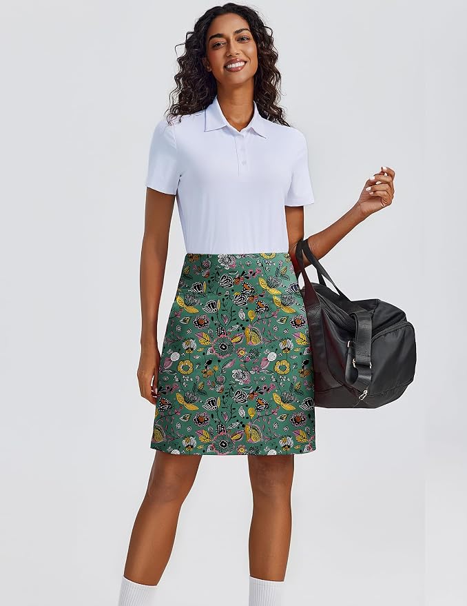 PINSPARK 20" Skorts for Woman Knee Length UPF 50+ Golf Skirts | 4 Pockets, Built-in Shorts, High Waisted, Split Hem, Silky-smooth, Moisture-wicking, for Golf Athletic Tennis Workout Casual