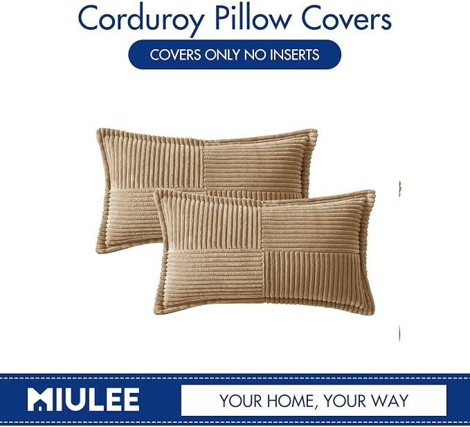 MIULEE Decorative Lumbar Throw Pillow Covers 12x20 Inch Khaki 2 Pack | Boho Broadside Striped Patchwork Pillow Covers, Soft Corduroy Cushion Cases, For Couch Sofa Bed Livingroom Home Decor