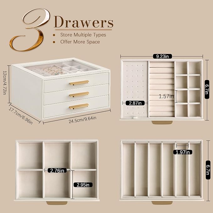 Homeanda Jewelry Boxes Organizer with Glass Lid, 3-Layer PU Leather, Beige | Modern style display case with 3 drawers for daily jewelry, women, mom or girl gift