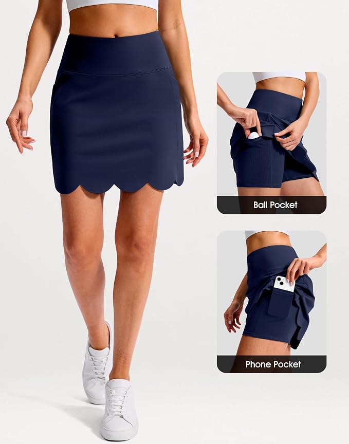 16" Skorts for Women with 4 Pockets High Waisted Scalloped Hem Athletic Tennis Skirt Golf Skort Dressy Casual