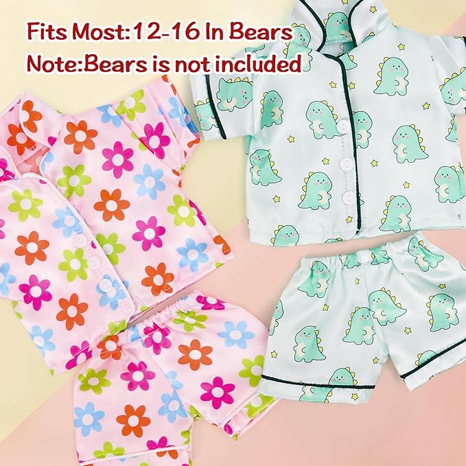 2 Sets Bear Clothes Stuffed Animal Accessories Pink and Blue Bear Clothes Double Layer Muslin Short Sleeve Top and Bottom Fits Most 14-18 Inch