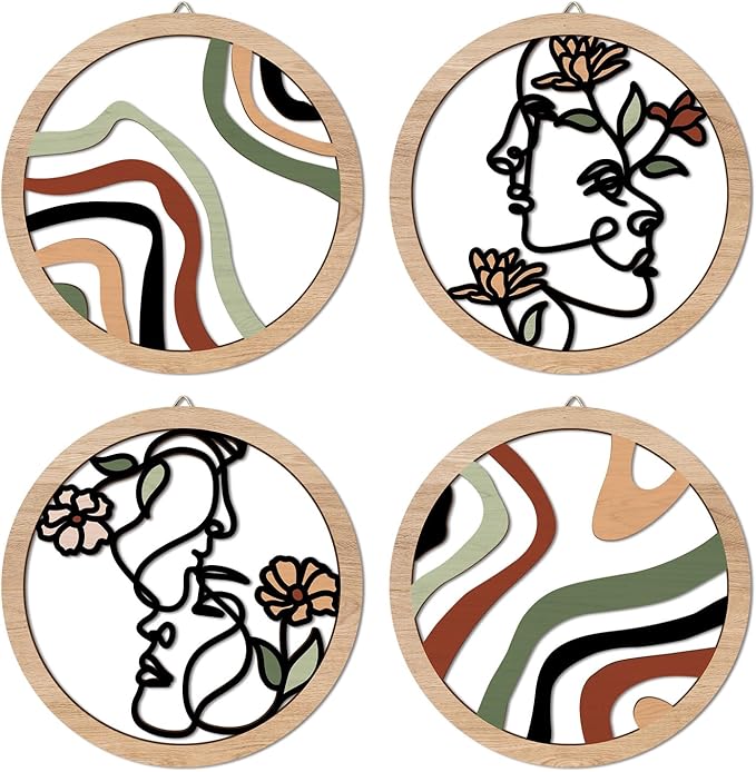 Boho Fashion Woman Wall Decor, Abstract Geometric Line Hanging Wooden Wall Art, 4 Pieces 10''x10'' Minimalist Aesthetic Female Women Face and Floral Wood Sign for Bedroom Living Room, Lady Gift