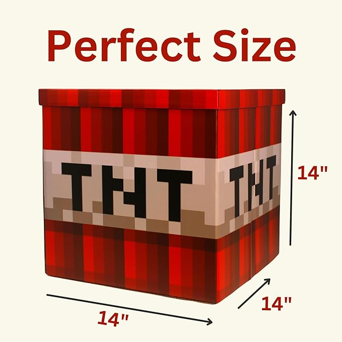 Large 14 x 14 Pixelated Box - TNT| Birthday Party Supplies | Storage Decoration and Prop, Big Birthday Box | Storage Bin Chest With Lid Gift Accessory (TNT Block)