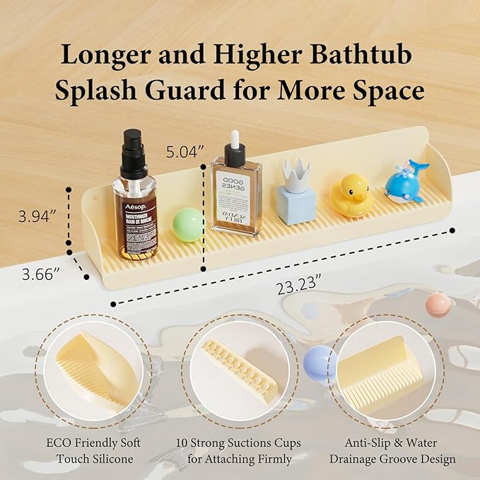 Bathtub Splash Guard, Silicone Toy Tray Holder Storage with 10 Strong Suction Cups, Bathtub Accessories Prevent Water Spills, Countertop Protectors for Tub, Bathroom Sink, Kitchen Sink 1 Pcs Yellow