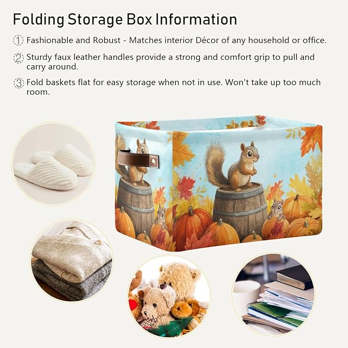 Aslsiy Storage Basket Fall Squirrel Pumpkins Maple Nursery Bins Blue Sky Baby Box Canvas Clothes Shelf Basket Laundry Hampers 1 Pcs